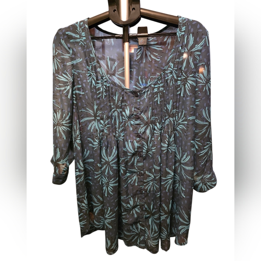 Xhilaration XXL Sheer Floral Blouse Teal Black Button Front Flowy Boho Top